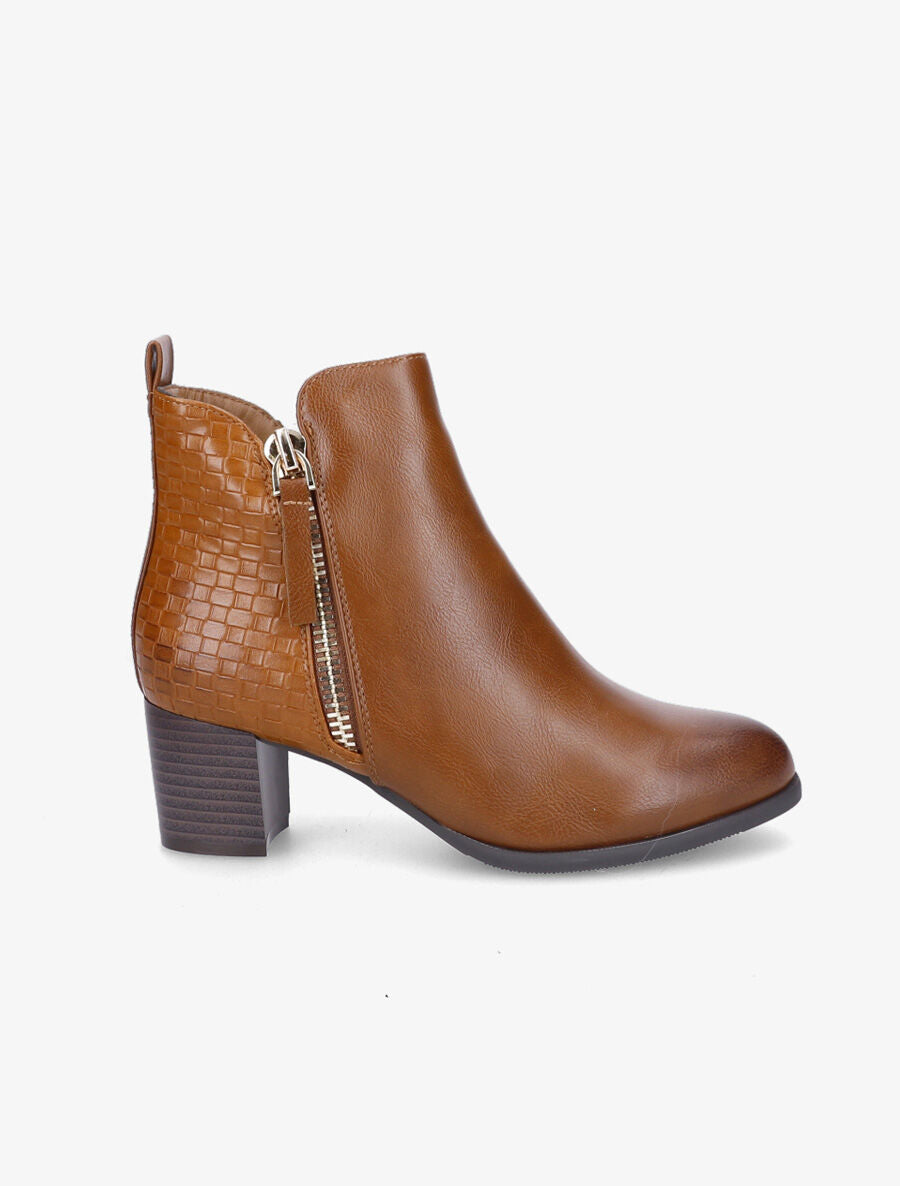 Bottines à contrefort effet osier et double zips - Camel - 1