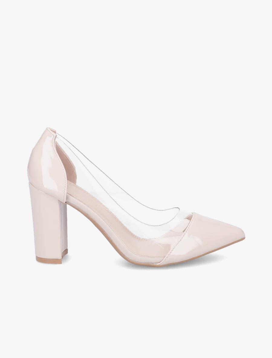 Escarpins vernis en plexi à talon carré - Nude - 1