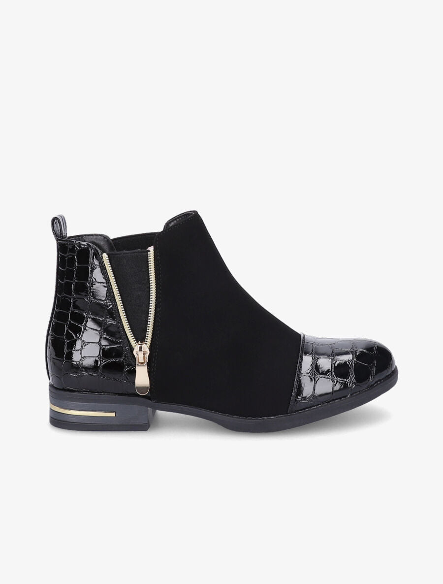 Bottines à détails effet croco vernis - Noir - 1