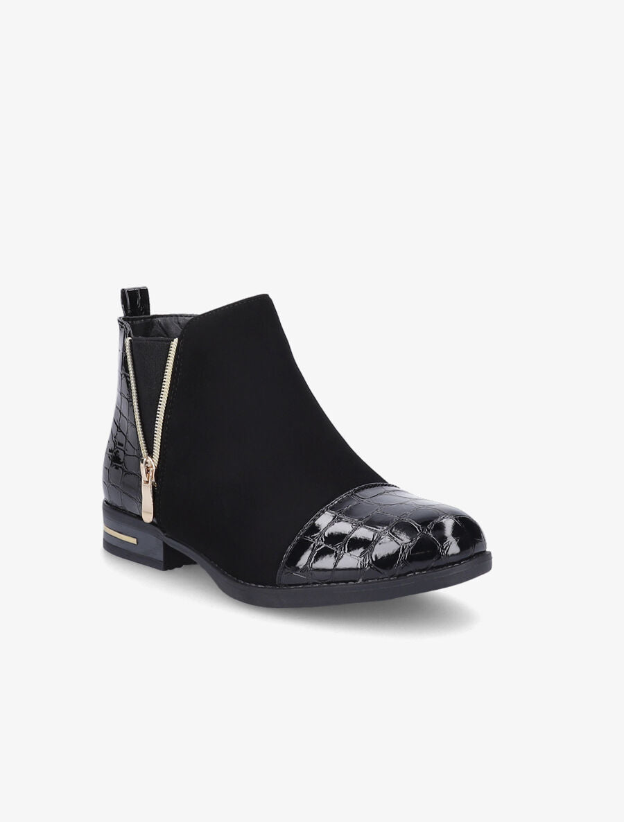 Bottines à détails effet croco vernis - Noir - 2