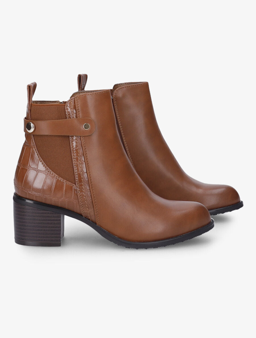 Bottines à talon et contrefort effet croco - Camel - 4
