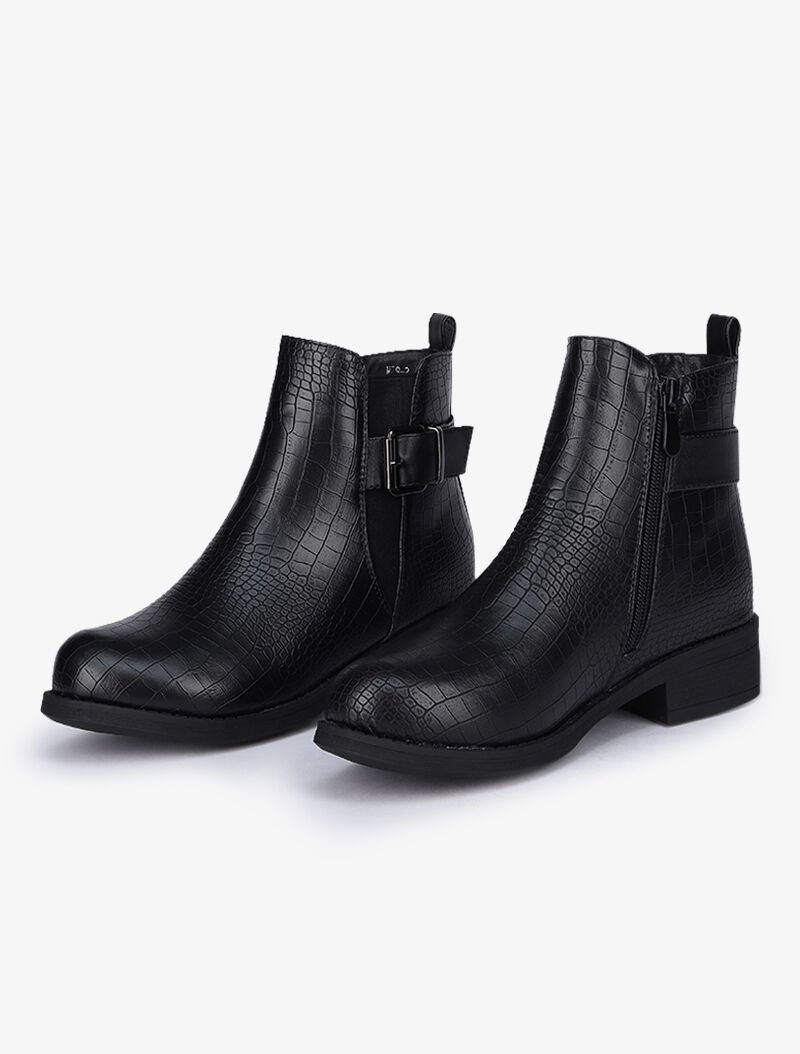 Bottines effet croco à bride à boucle carré - Noir - 1