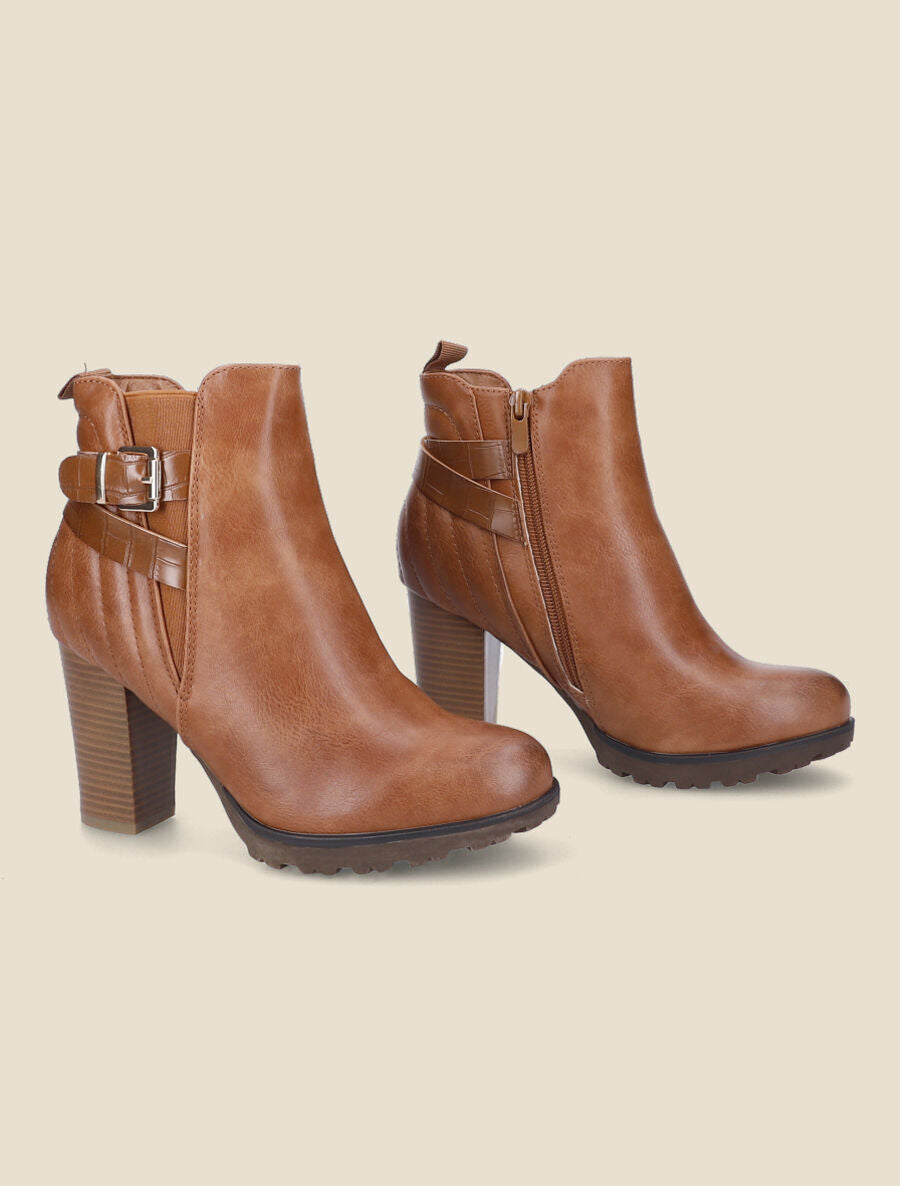 Bottines à talon et contrefort matelassé - Camel - 4