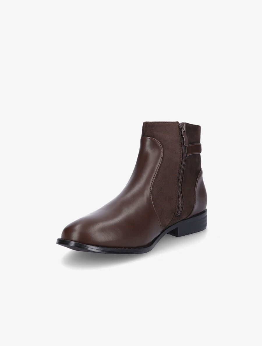 Bottines plates en simili et suédine - Marron - 3