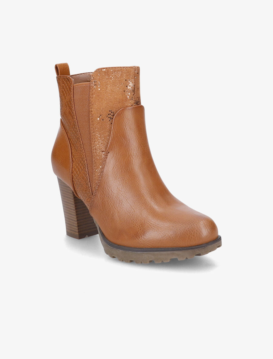 Bottines à talon à empiècement python - Camel - 2