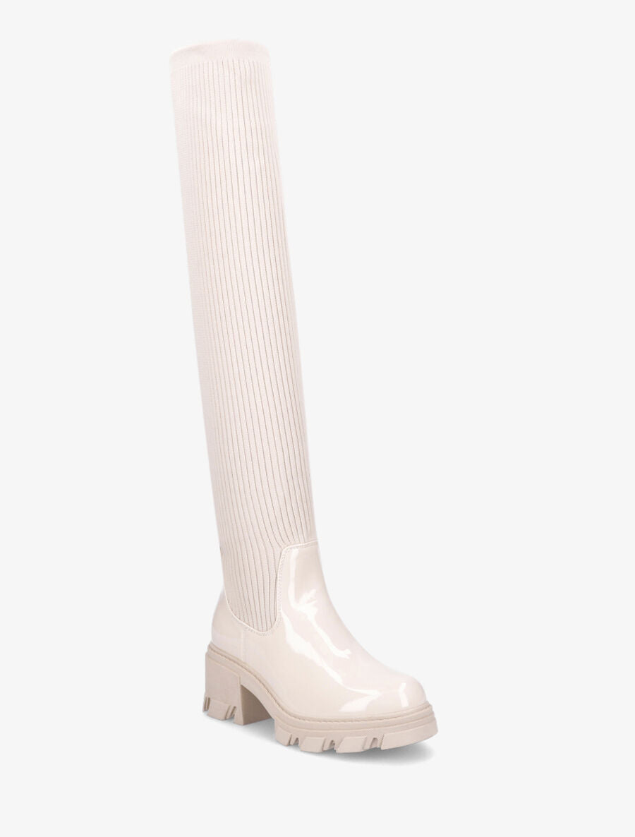 Cuissardes en tissu côtelé et simili vernis - Beige - 2