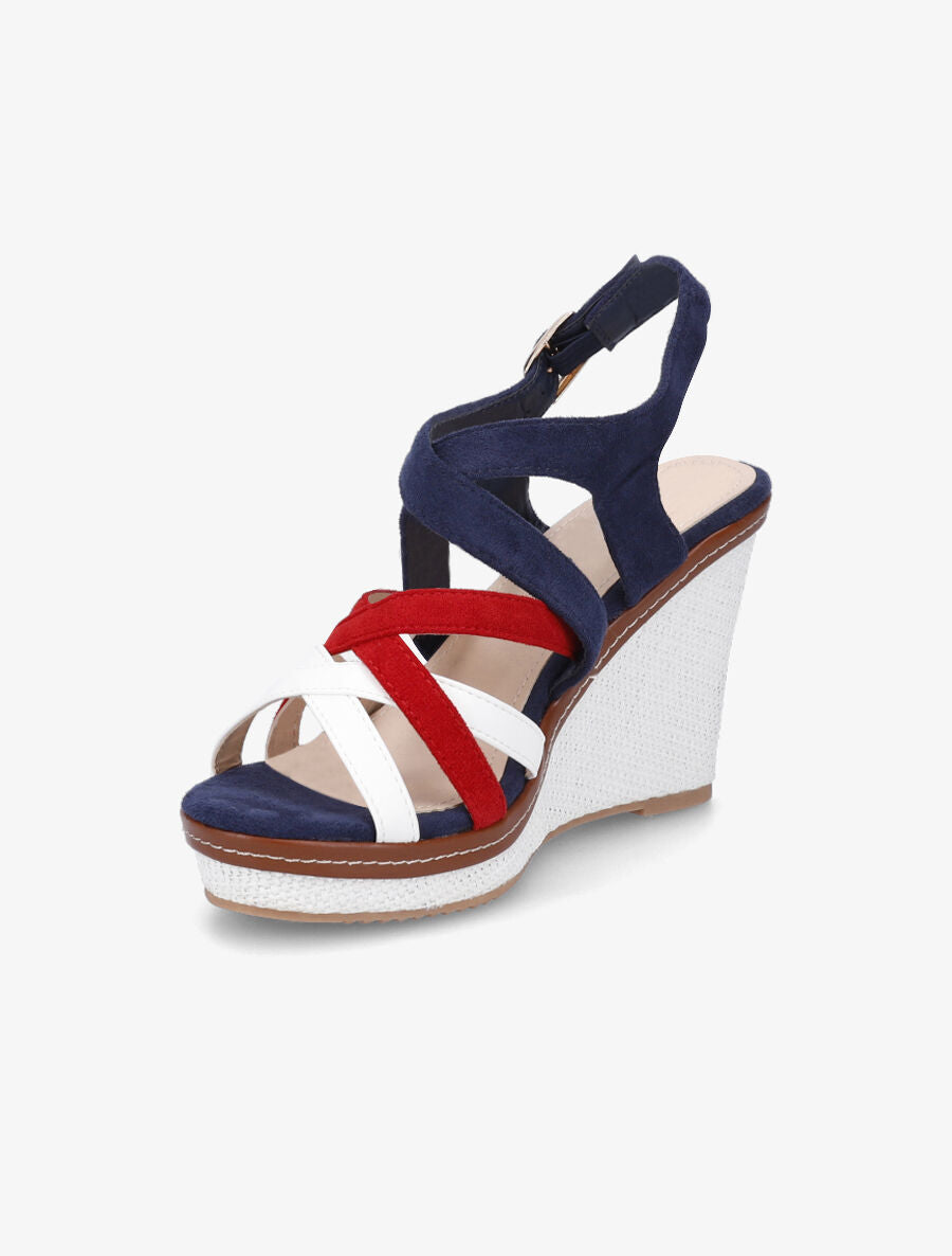 Sandales compensées en suédine et simili - Marine - 4