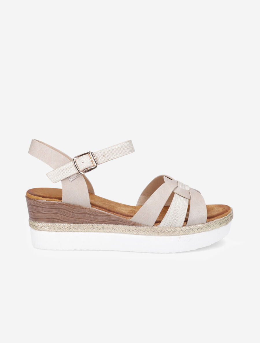 Sandales en simili talon compensé tressé - Beige - 1