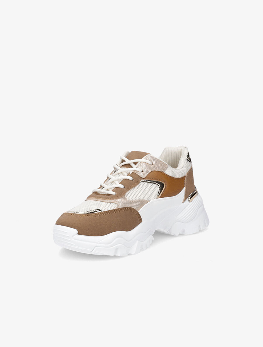 Sneakers à contrefort contrastant et détail métallique - Camel - 3