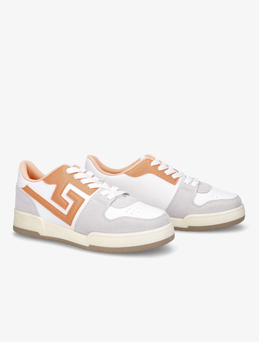 Sneakers en simili et suédine - Orange - 4