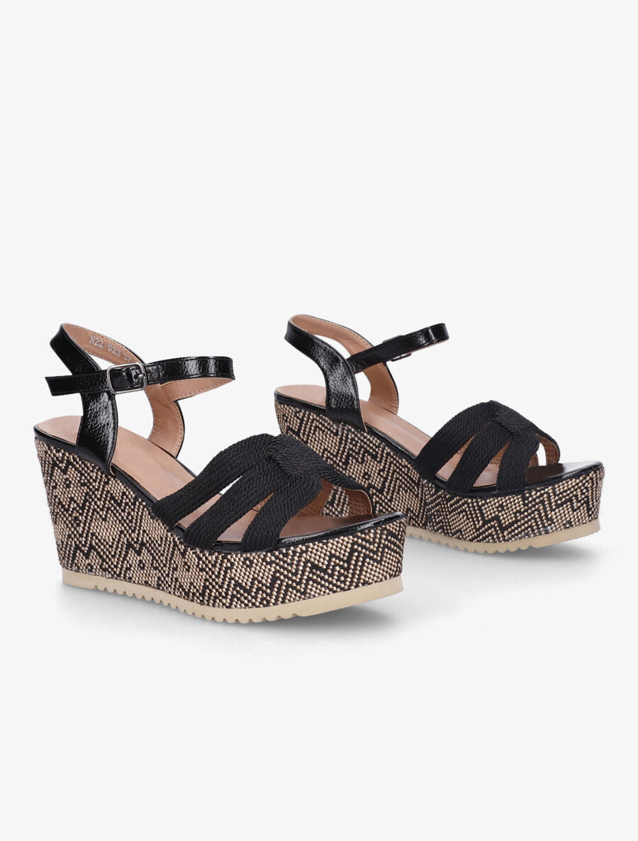Sandales compensées en simili et tissu - Noir - 4