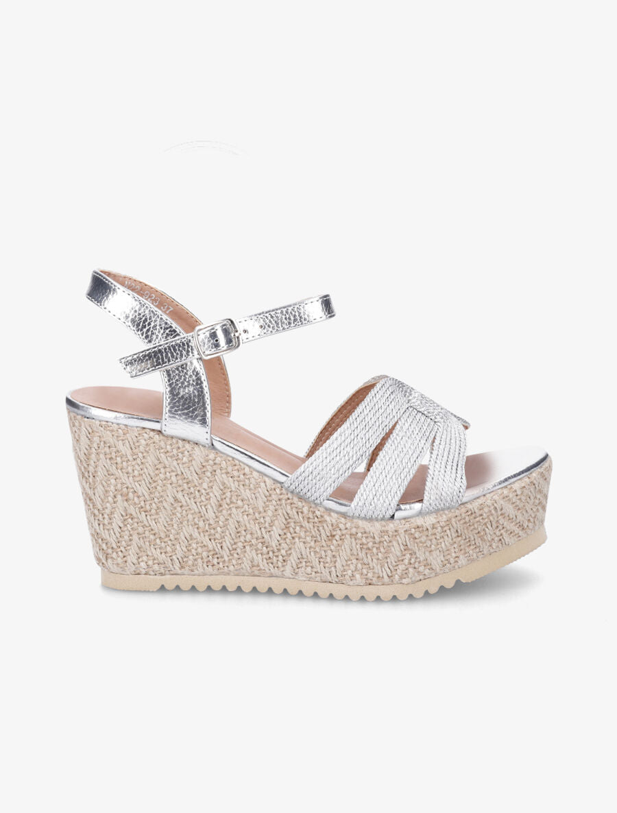 Sandales compensées en simili et tissu - Argent - 1