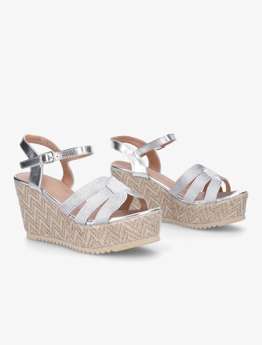 Sandales compensées en simili et tissu - Argent - 4