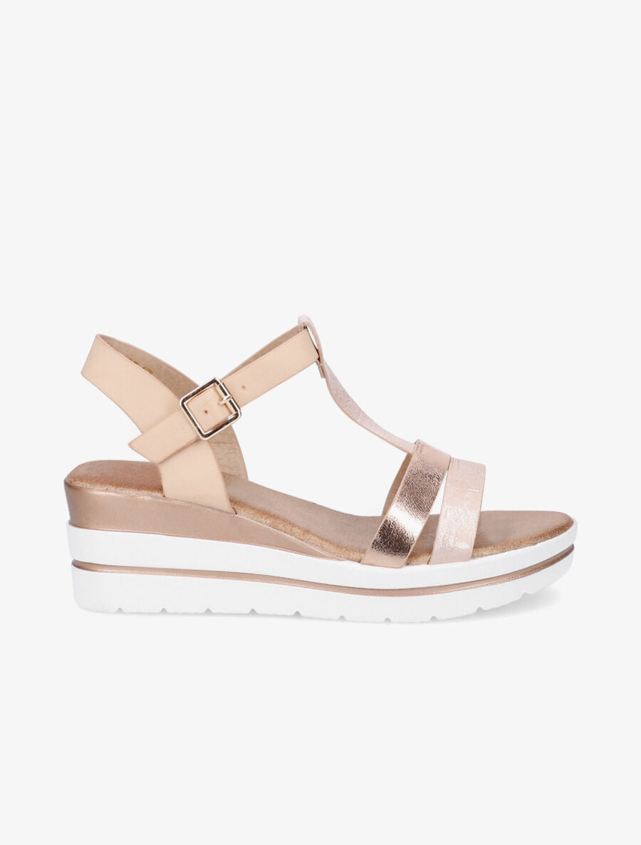 Sandales compensées bride en T croco - Rose gold - 1