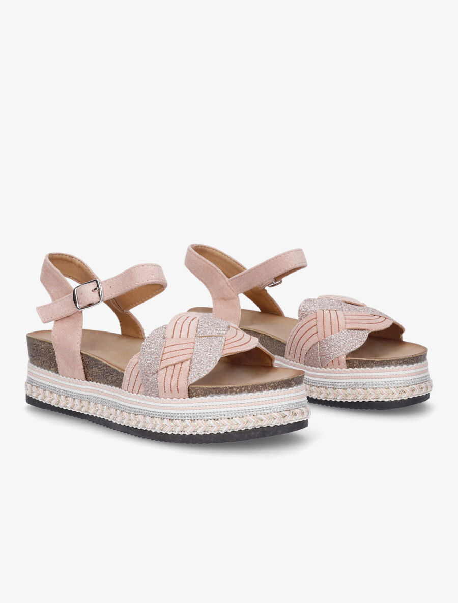 Sandales compensées tressées à paillettes - Rose gold - 4