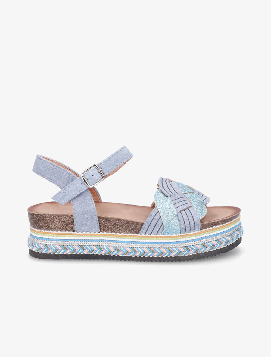 Sandales compensées tressées à paillettes - Bleu clair - 5