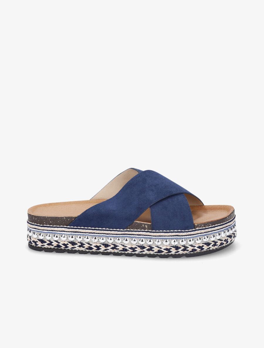 Claquettes à ganses croisées et semelle stylisée - Marine - 1