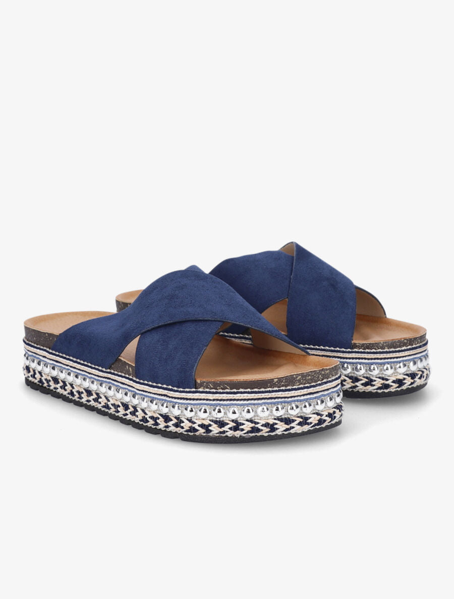 Claquettes à ganses croisées et semelle stylisée - Marine - 4