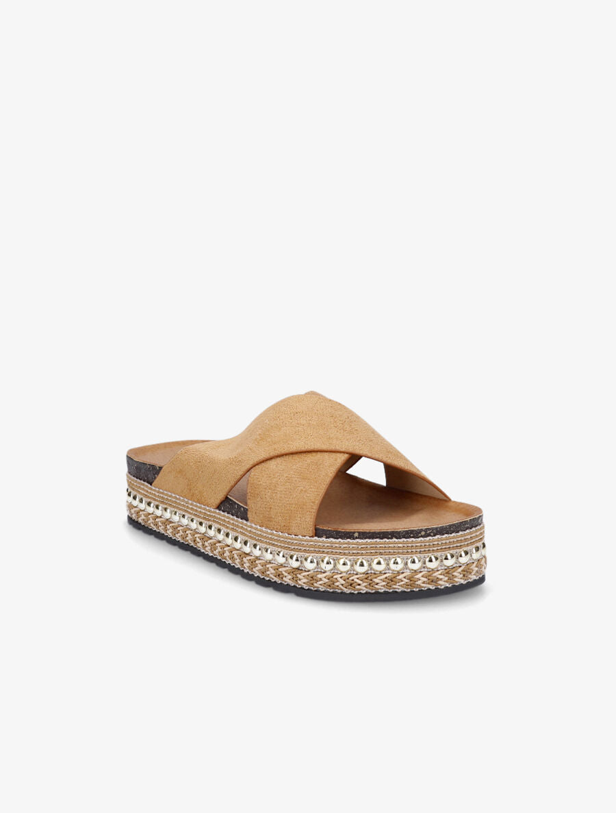 Claquettes à ganses croisées et semelle stylisée - Camel - 2