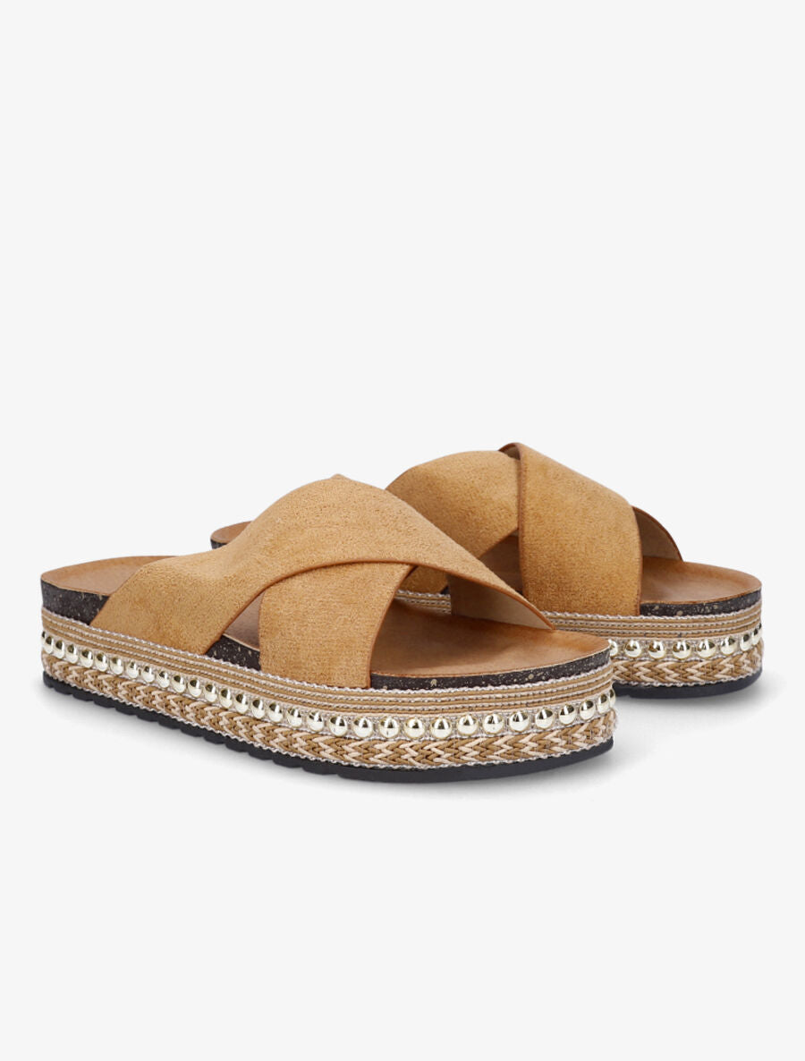 Claquettes à ganses croisées et semelle stylisée - Camel - 4