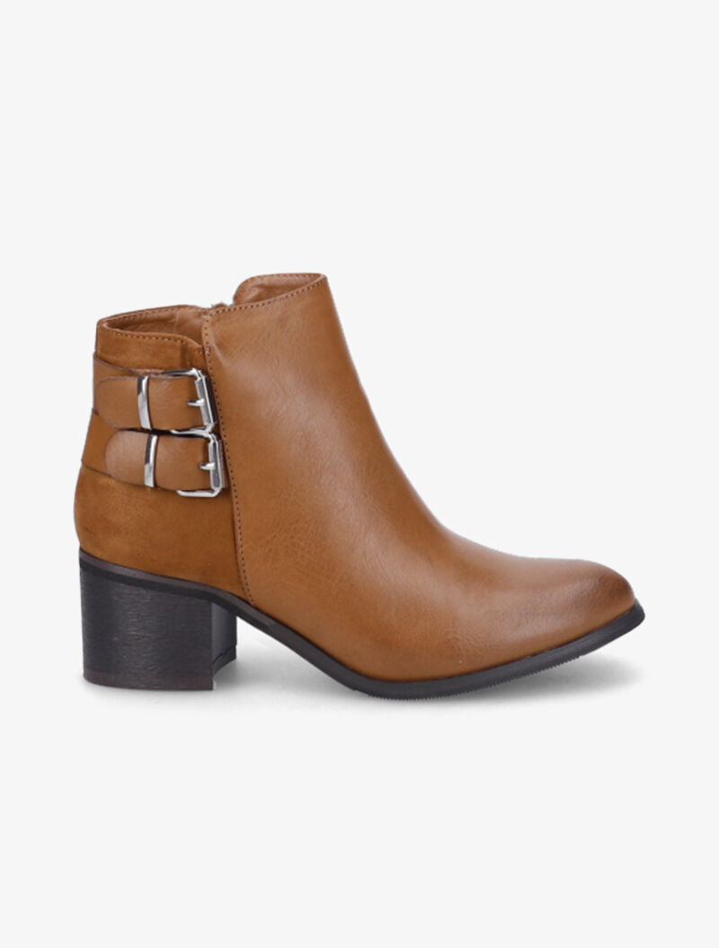 Bottines à talon en simili à double boucles argentées - Camel - 2
