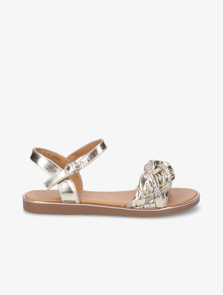 Nu-pieds en simili à bride tressée ornée de strass - Or - 1
