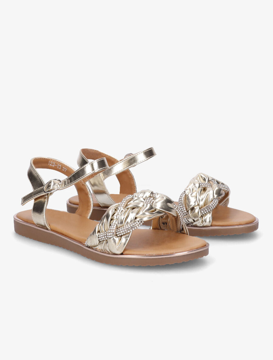 Nu-pieds en simili à bride tressée ornée de strass - Or - 4