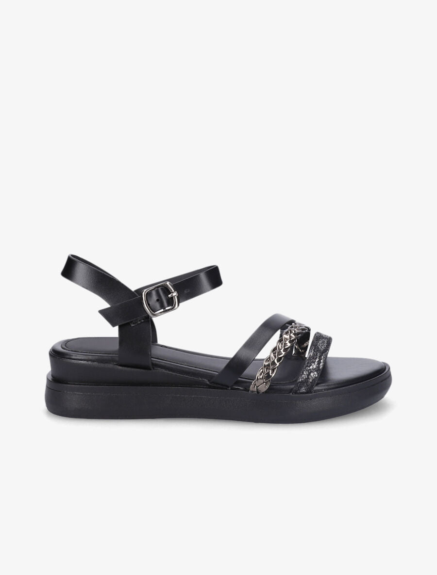 Sandales compensées triple brides fantaisies - Noir - 1