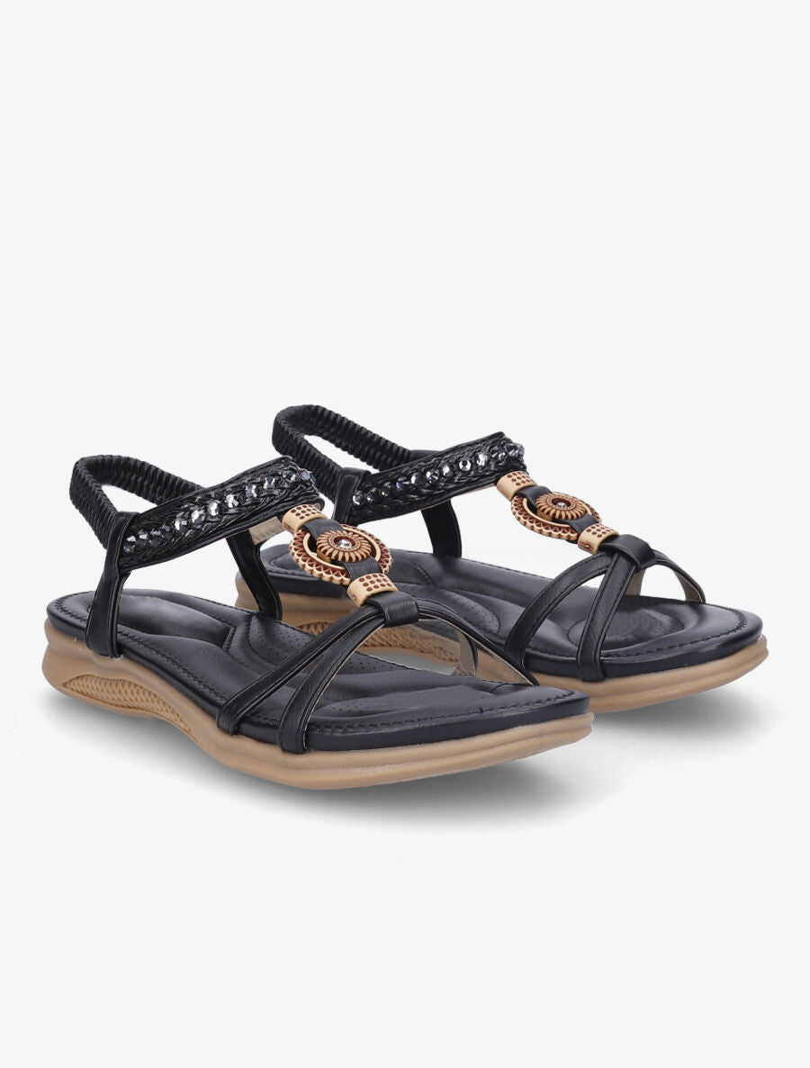 Nu-pieds à empiècement effet bois et strass - Noir - 4
