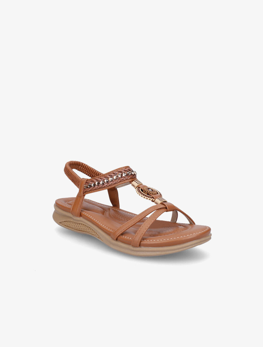 Nu-pieds à empiècement effet bois et strass - Camel - 2