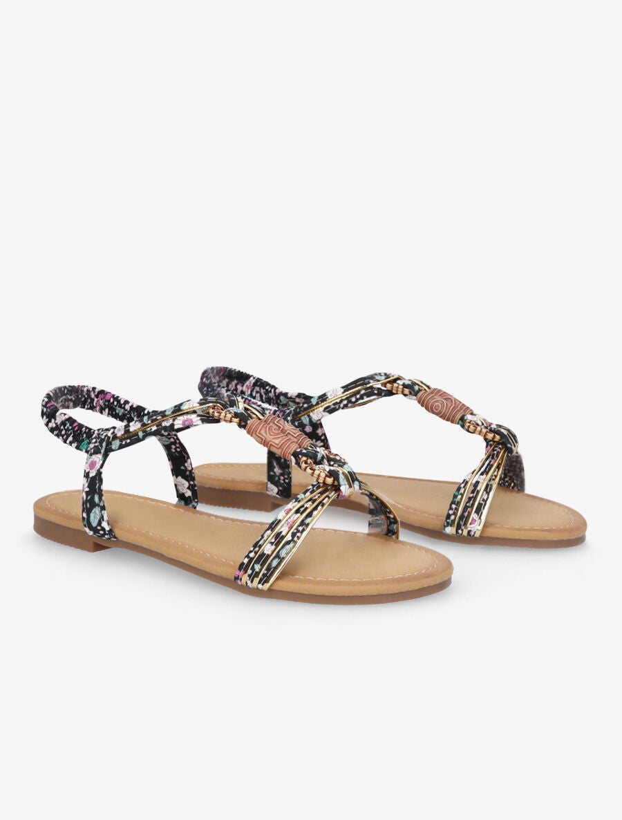 Nu-pieds imprimés à empiècements bois - Noir - 5