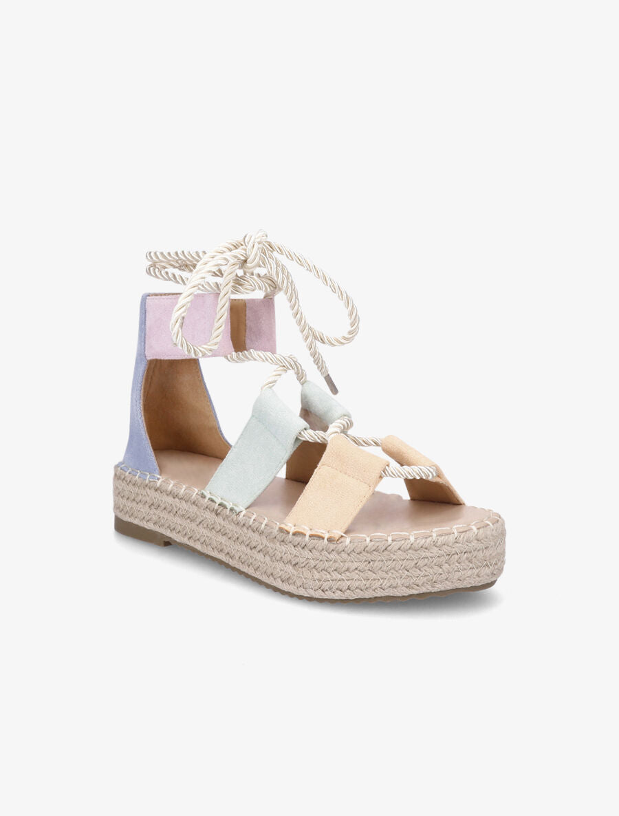 Compensées multicolore à lacets et semelle raphia - Bleu - 2