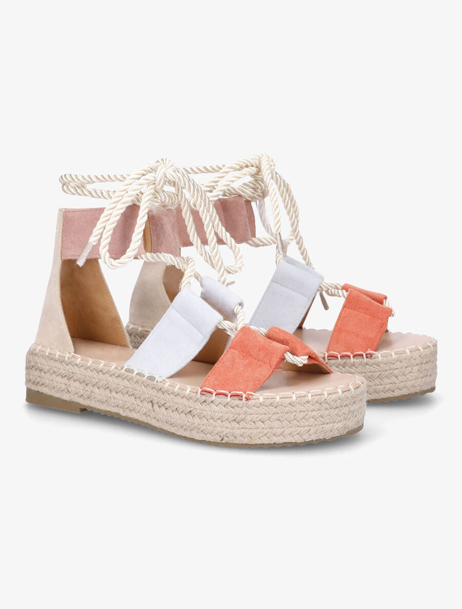 Compensées multicolore à lacets et semelle raphia - Beige - 4