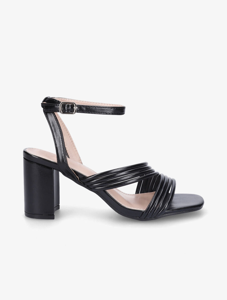 Sandales à talon en simili et brides en biais - Noir - 1