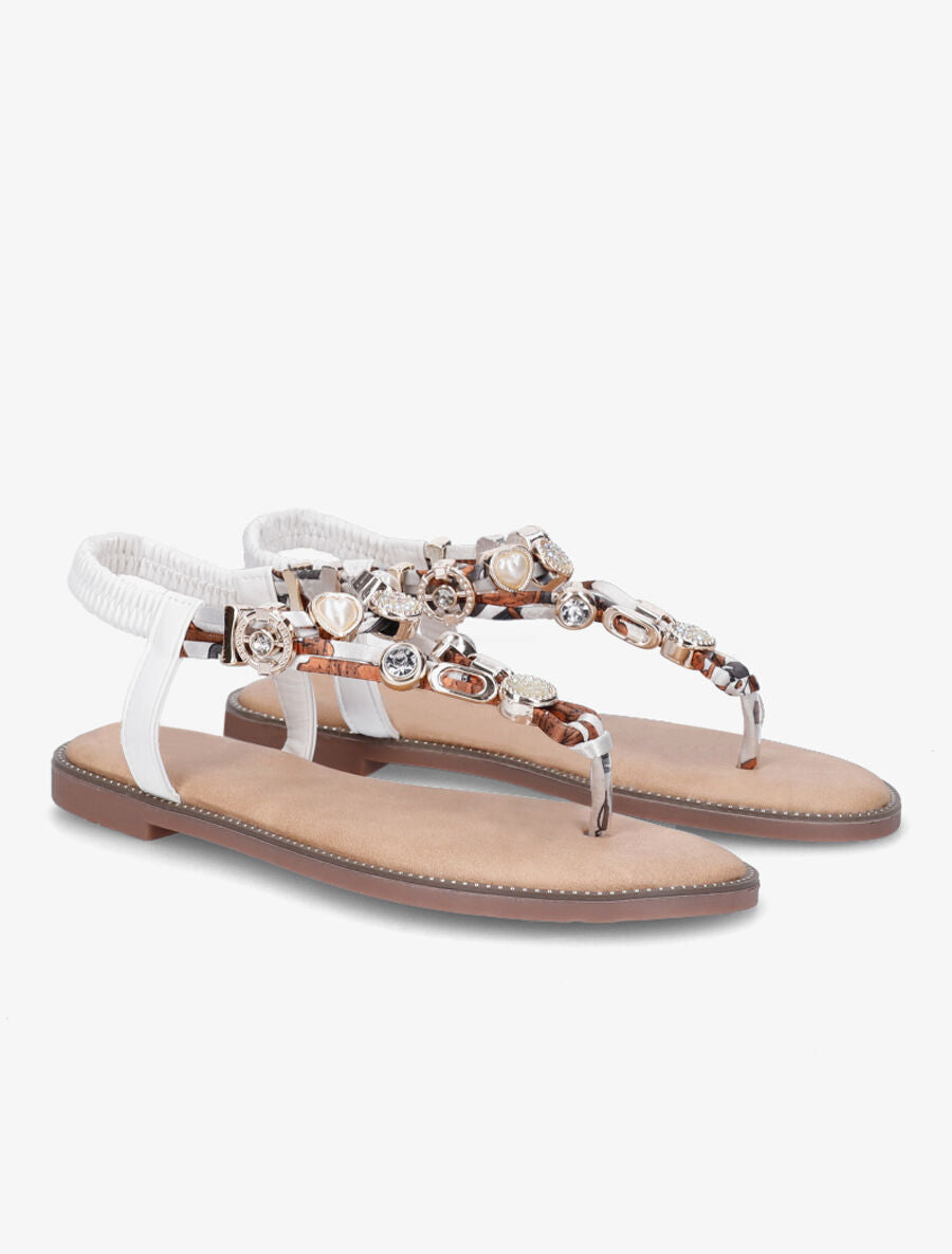 Nu-pieds imprimés à détail bijoux avec strass - Blanc - 4