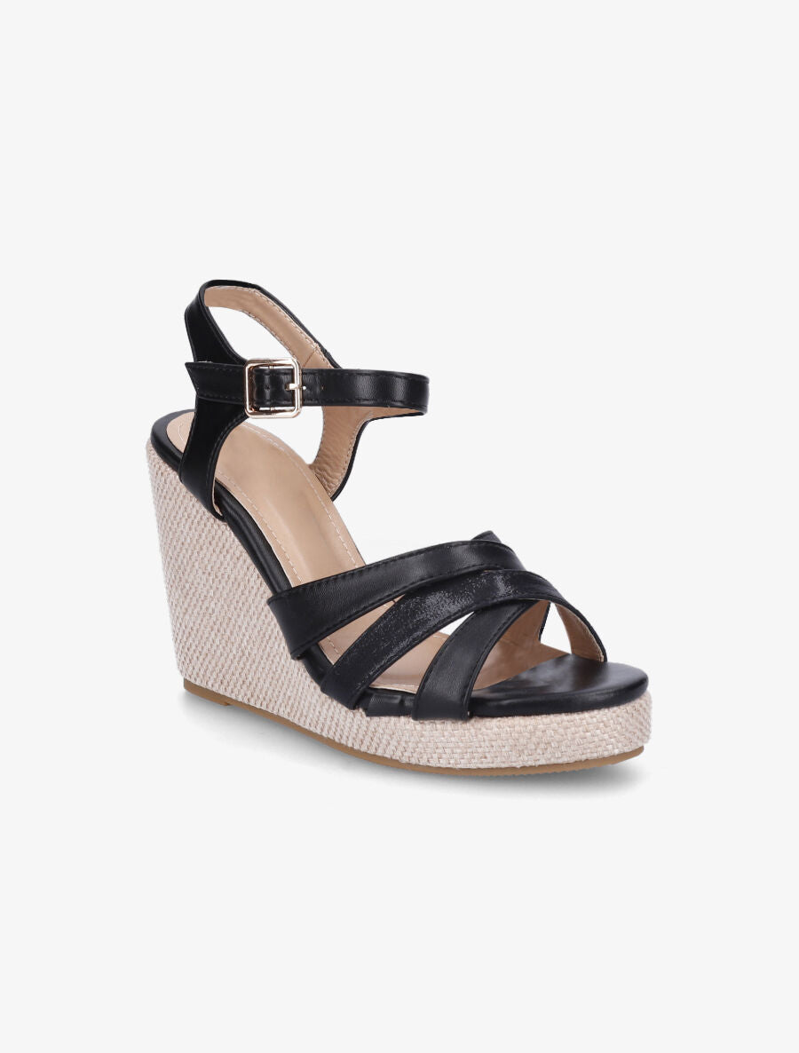 Sandales bi-matière à talon compensé - Noir - 2