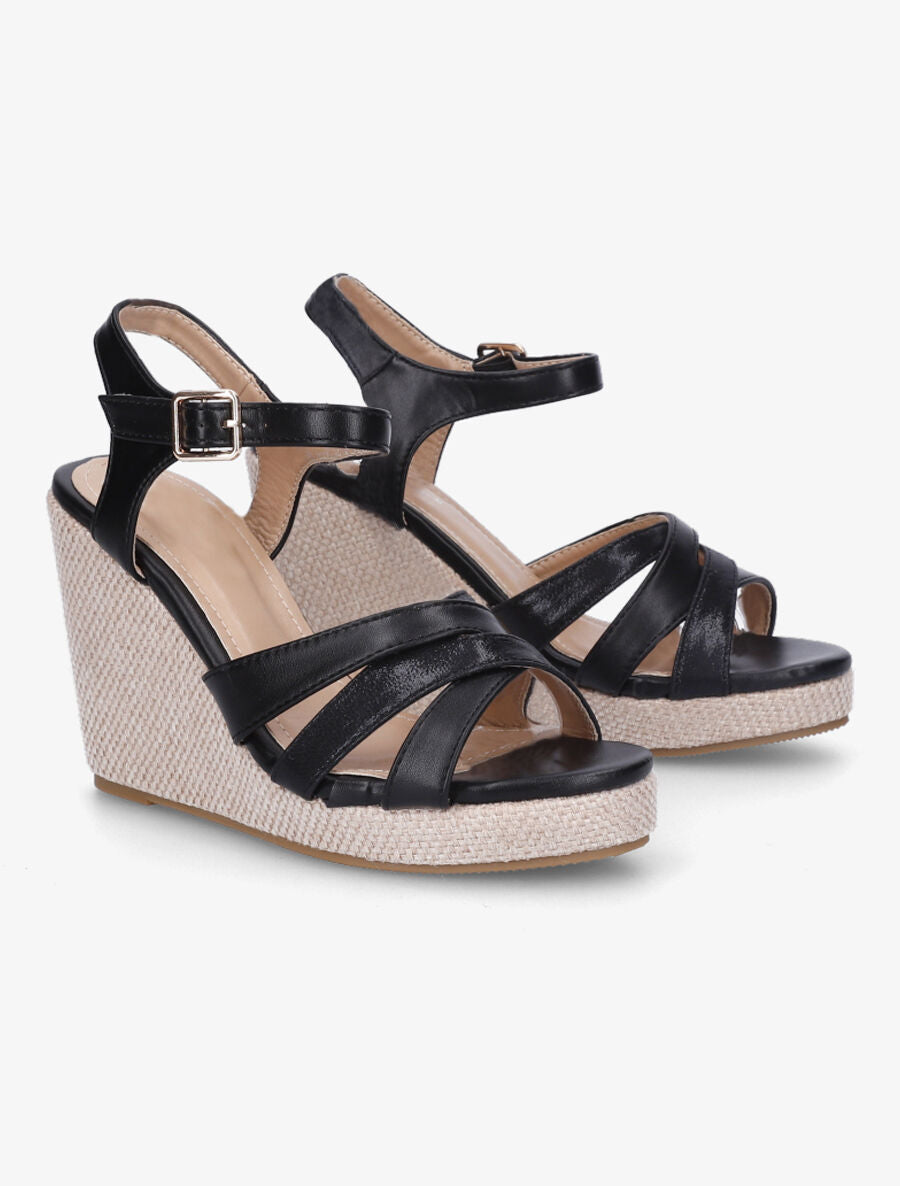 Sandales bi-matière à talon compensé - Noir - 4