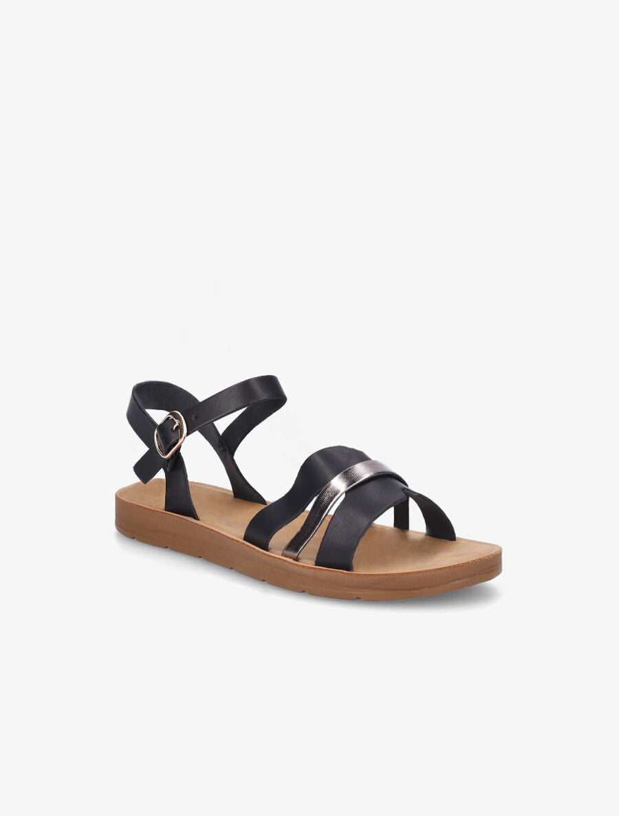 Nu-pieds en simili à ganses bicolores - Noir - 2