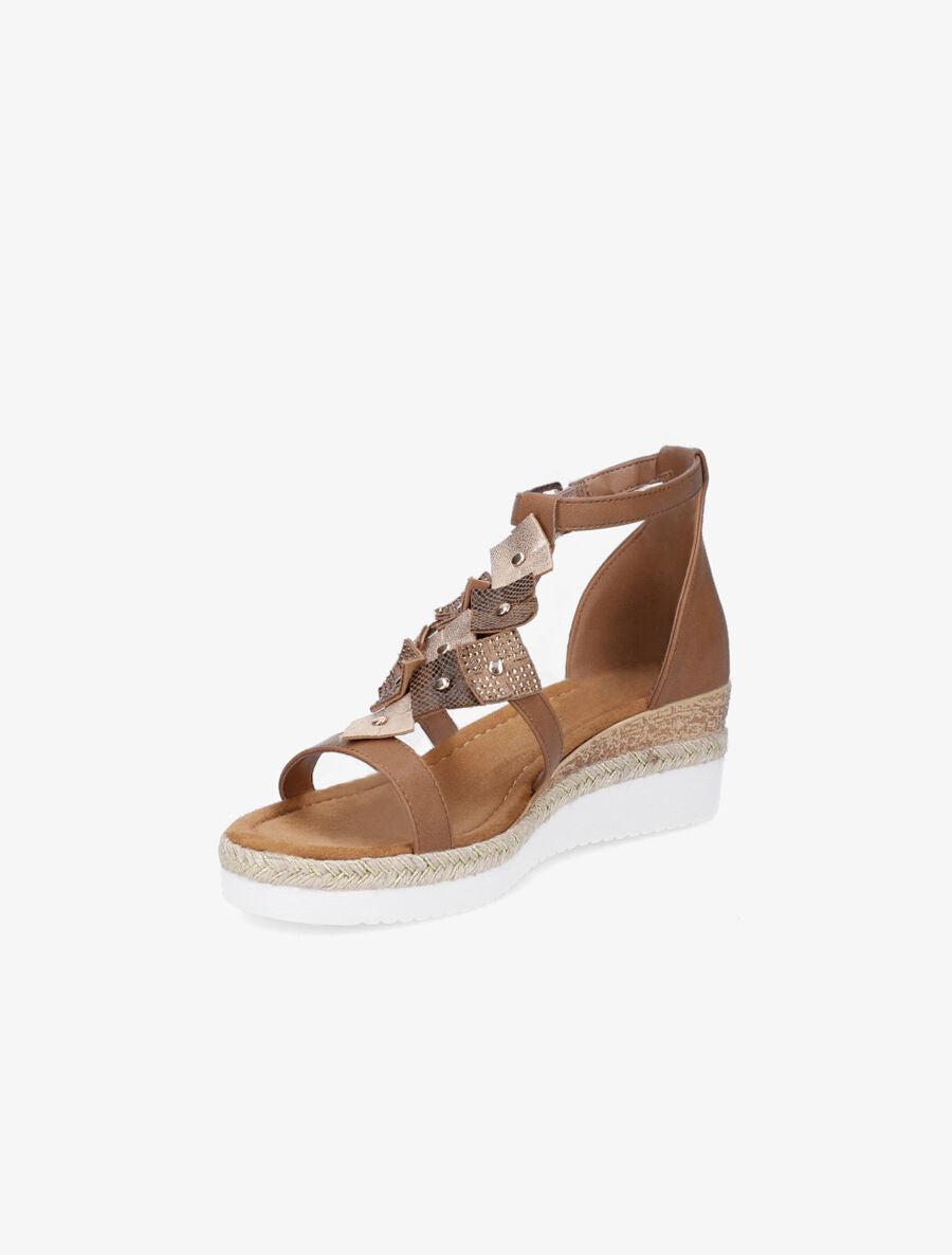 Sandales compensées mi-hautes à strass - Camel - 3