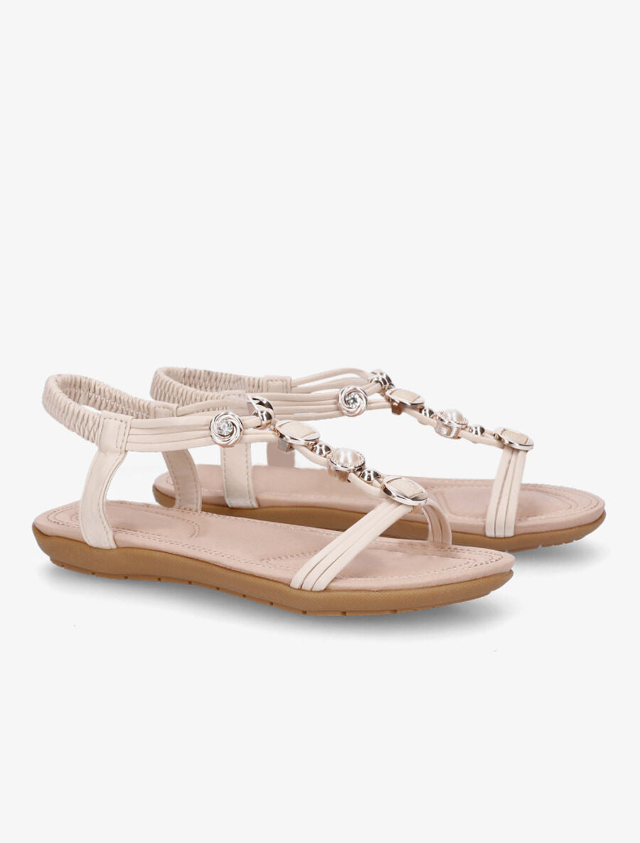 Nu-pieds à empiècement bijoux et strass - Beige - 4