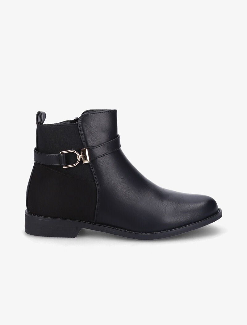 Bottines bi-matière à bride à boucle dorée - Noir - 2