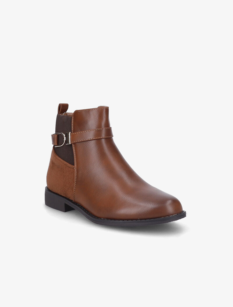 Bottines bi-matière à bride à boucle dorée - Camel - 3
