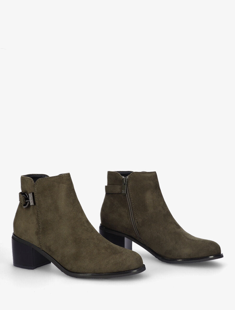 Bottines en suédine à boucle et strass - Kaki - 4
