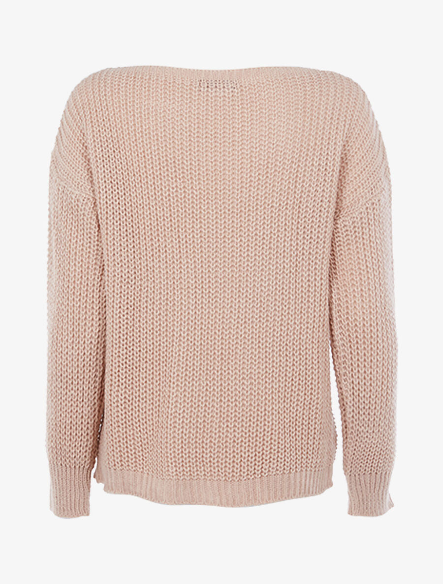 Pull en grosse maille à V doré - Vieux rose - 2