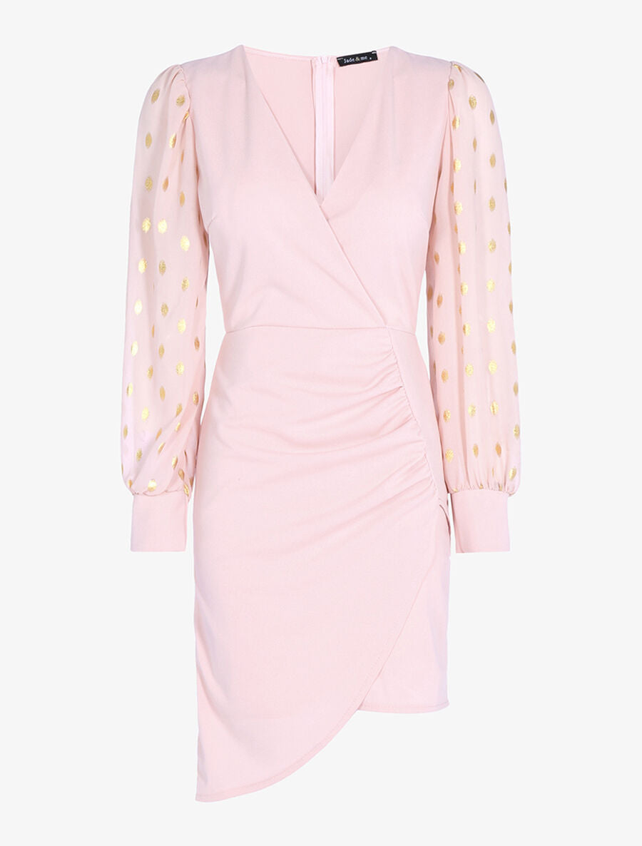 Robe plissée à manches floquées - Rose poudré - 1