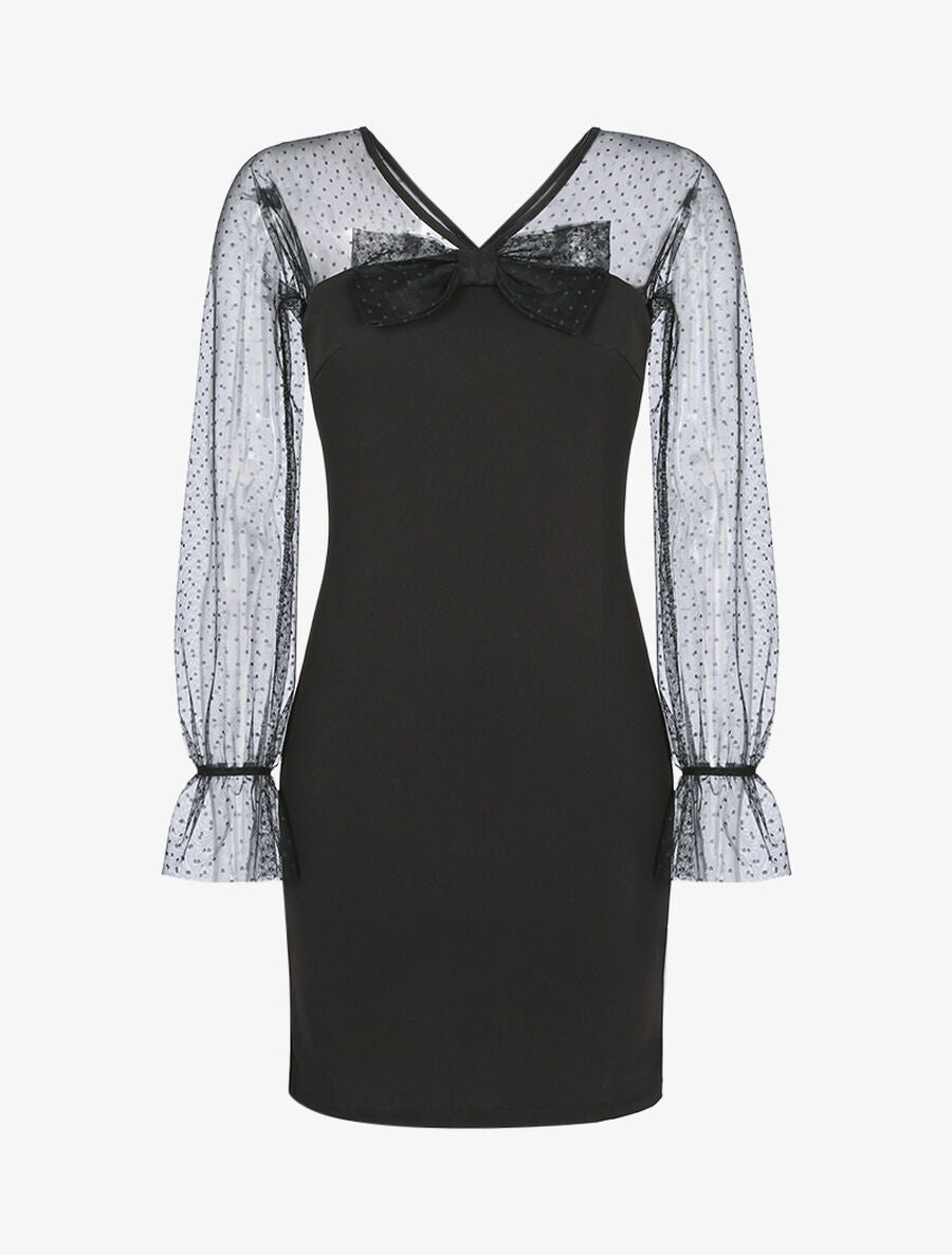 Robe à empiècement en tulle à pois - Noir - 1