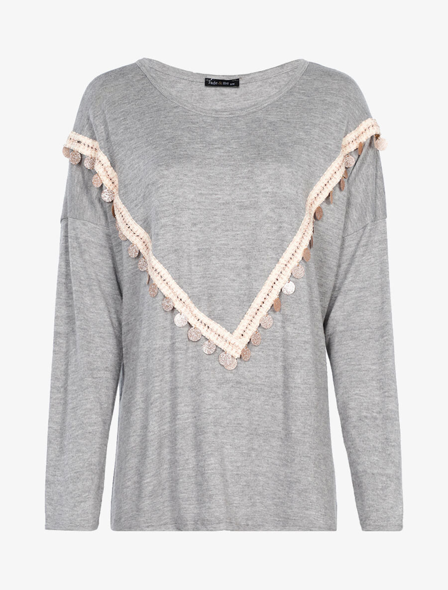 Pull oversize à gros sequins pailletés - Gris chiné - 1