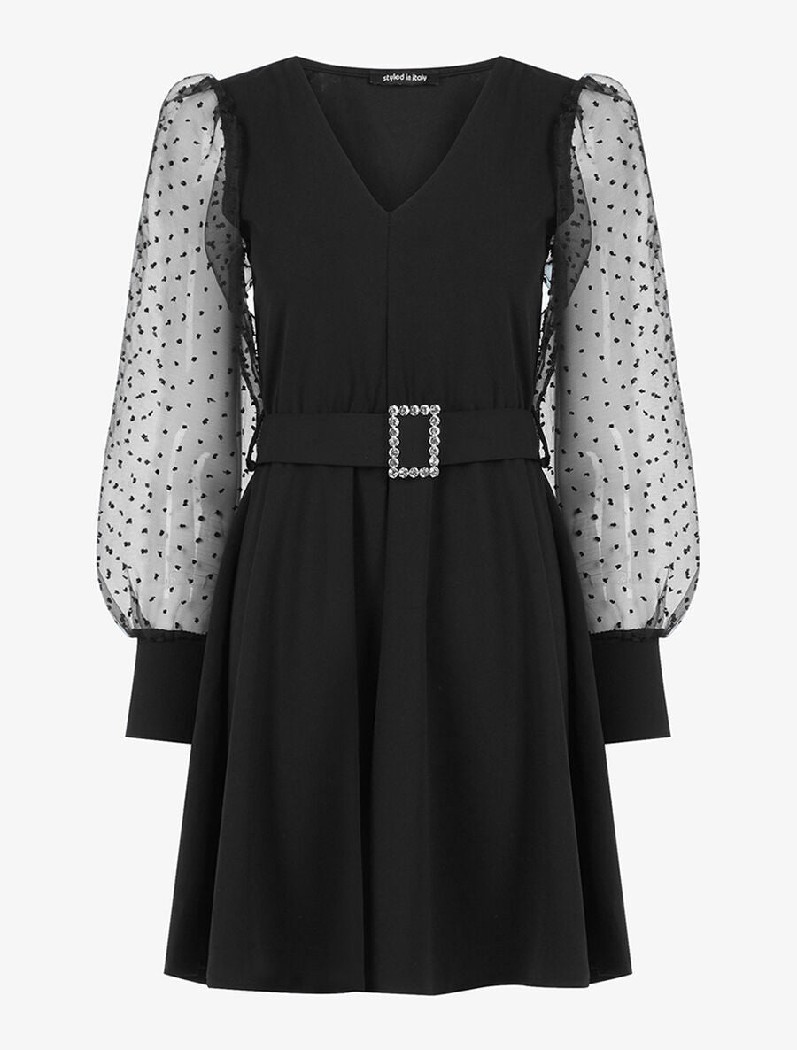 Robe à manches bishop à pois - Noir - 1