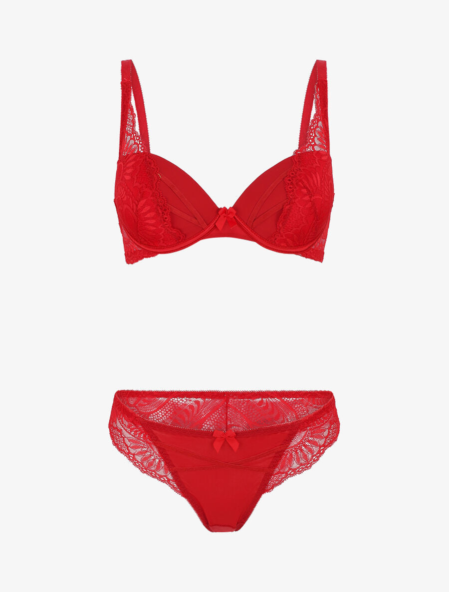Ensemble push up et culotte ajourée en dentelle - Rouge - 1