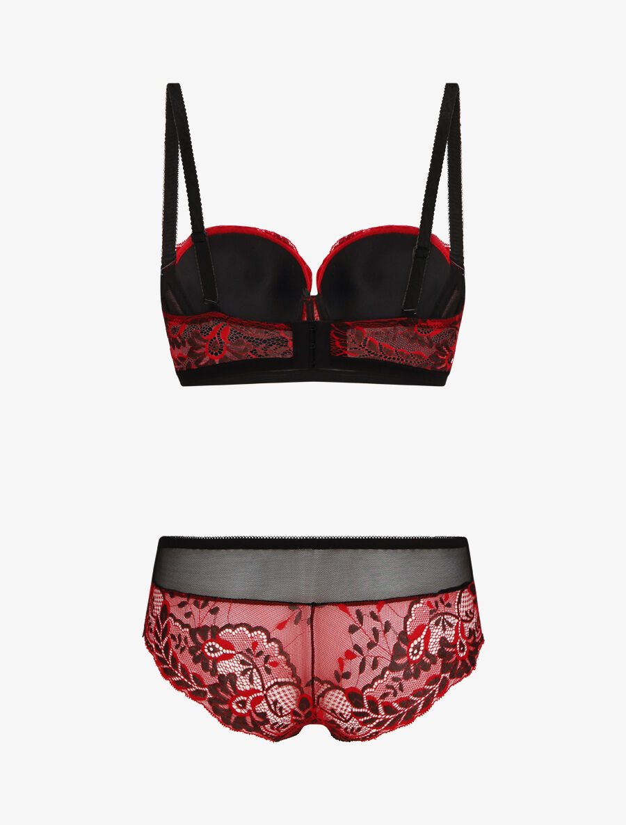 Ensemble push bicolore et shorty en dentelle - Rouge - 2